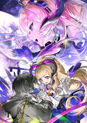  2girls 2pineapplepizza absurdres arknights arknights:_endfield black_coat black_hair blindfold_mask blue_gloves blue_skirt blush bow bow_hairband brown_hair coat commentary covered_eyes curled_horns demon_girl demon_horns demon_tail dress earrings endministrator_(arknights) english_commentary face-to-face female_endministrator_(arknights) frilled_dress frills gloves hair_bow hairband hand_on_another's_face heart heart_earrings highres hood hood_down hooded_coat horns idol jewelry liino_(arknights) long_hair looking_at_another mask multicolored_horns multiple_girls open_mouth partially_fingerless_gloves pointy_ears ponytail profile short_hair shrug_(clothing) sidelocks skirt star-shaped_pupils star_(symbol) symbol-shaped_pupils tail two-tone_horns violet_eyes white_shrug 