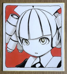  1girl borrowed_character colored_skin commentary_request drill_hair expressionless guest_art hat limited_palette looking_at_viewer mechanical_ears murata_range nurse nurse_cap original photo_(medium) shikishi solo traditional_media upper_body white_eyes white_hair white_skin 