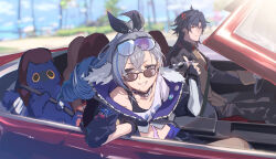  1boy 1girl absurdres anger_vein black_cat black_hair black_jacket black_ribbon blade_(honkai:_star_rail) blade_(sesame_cake)_(honkai:_star_rail) blurry blurry_background car cat commentary_request drill_hair driving eyewear_on_head grey_hair grey_pants hair_ribbon highres honkai:_star_rail honkai_(series) jacket kafka_(honkai:_star_rail) long_hair looking_at_viewer motor_vehicle pants parted_lips ponytail reflection ribbon seatbelt shirt silver_wolf_(honkai:_star_rail) smile sunglasses white_shirt zassyoku_dd 