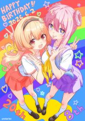  2026 2girls absurdres black_hairband blue_hair braid braided_base brown_shoes bun_with_braided_base choujigen_game_neptune closed_mouth commentary_request compa compile_heart crossover dated double_bun double_v from_above gradient_hair hair_between_eyes hair_bun hairband happy_birthday heart highres ileheart kneehighs long_hair looking_at_viewer multicolored_hair multiple_girls neckerchief nekoring neptune_(series) open_mouth orange_eyes orange_hair orange_sailor_collar orange_skirt pink_hair purple_sailor_collar purple_skirt rainbow sailor_collar school_uniform serafuku shirt shoes skirt socks star-shaped_pupils star_(symbol) symbol-shaped_pupils tongue tongue_out twitter_username v violet_eyes virtual_youtuber white_shirt white_socks yellow_neckerchief 