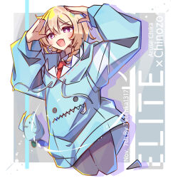  1girl :d arms_up black_pants blonde_hair blue_jacket blush border bright_pupils commentary_request cropped_legs double-parted_bangs drawstring elite_(cevio) fang grey_background hair_between_eyes highres jacket long_sleeves looking_at_viewer open_mouth outside_border pants pink_eyes short_hair skin_fang smile solo song_name tetenka white_border white_pupils 