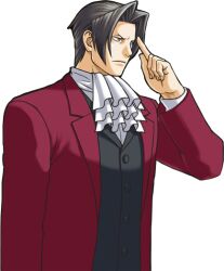  1boy ace_attorney ace_attorney_investigations ace_attorney_investigations:_miles_edgeworth ascot black_hair black_vest commentary curtained_hair edaki_shin'ya english_commentary formal_clothes frown grey_eyes grey_hair hair_intakes index_finger_raised jacket long_sleeves male_focus miles_edgeworth official_art red_jacket short_hair simple_background solo suit third-party_source transparent_background upper_body vest white_ascot 