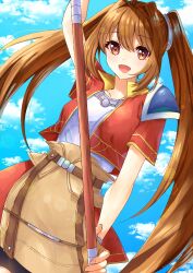  1girl absurdres antenna_hair armor bike_shorts blue_sky bo_staff brown_gloves commentary_request cropped_jacket double-parted_bangs eiyuu_densetsu estelle_bright fingerless_gloves gloves hair_intakes highres holding holding_staff nu_bo_bo_o open_mouth orange_skirt pauldrons shoulder_armor single_pauldron skirt sky solo sora_no_kiseki sora_no_kiseki_fc staff twintails 