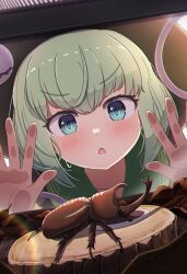  1girl absurdres against_glass beetle blush bug collared_shirt commentary_request disembodied_linked_eye eyeball frilled_shirt_collar frills green_eyes green_hair highres komeiji_koishi medium_hair missing_headwear open_mouth pokedialga shirt solo sweatdrop touhou yellow_shirt 