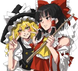  2girls apron ascot black_eyes black_hair black_hat black_vest blonde_hair blush bow braid commentary detached_sleeves double_v frilled_bow frilled_hair_tubes frills gohei grin hair_between_eyes hair_bow hair_tubes hakurei_reimu hat hat_bow highres holding holding_gohei kirisame_marisa kuya_(hey36253625) long_hair multiple_girls red_bow ribbon-trimmed_sleeves ribbon_trim side_braid single_braid smile touhou v vest waist_apron white_apron white_bow witch_hat yellow_ascot yellow_eyes 