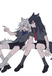  2girls :d aged_down alternate_costume animal_ear_fluff animal_ears arknights bandaged_arm bandaged_leg bandages bandaid bandaid_on_arm bandaid_on_knee bandaid_on_leg black_hair black_shirt black_shoes black_shorts blue_bow blue_bowtie bow bowtie brown_eyes closed_mouth collared_shirt commentary_request dress_shirt fang grey_eyes grey_hair grey_shirt grey_socks hair_between_eyes highres invisible_chair kneehighs lappland_(arknights) loafers long_hair multiple_girls necktie ok_o_o open_mouth orange_eyes pointing red_necktie shirt shoes short_sleeves shorts simple_background sitting smile socks tail texas_(arknights) white_background wolf_ears wolf_girl wolf_tail 
