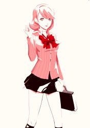  1girl bag black_skirt black_socks bow bowtie cardigan choker closed_mouth commentary earrings eightyfourart feet_out_of_frame flipped_hair gekkoukan_high_school_uniform heart heart_print highres holding holding_bag jewelry kneehighs lips long_sleeves looking_at_viewer loose_bowtie medium_hair miniskirt persona persona_3 pink_cardigan pink_eyes pink_hair pink_lips pink_nails pleated_skirt print_socks red_bow red_bowtie ribbed_cardigan school_bag school_uniform simple_background skirt smile socks solo standing stud_earrings swept_bangs takeba_yukari thighs white_choker wing_collar zipper 