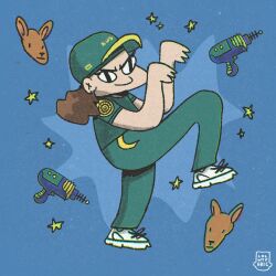  1girl b-girl_raygun breakdance brown_hair cartoonized dancer dancing energy_gun green_hat green_pants hat highres kangaroo lolwtferic olympics pants ray_gun shoes smile sneakers standing standing_on_one_leg star_(symbol) toon_(style) weapon 
