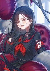  1girl armband artist_name balloon black_choker black_gloves black_hair black_sailor_collar black_shirt black_skirt blue_archive choker commentary_request couch gloves hair_ornament hairclip highres ichika_(blue_archive) long_hair missing_halo neckerchief on_couch one_eye_closed open_mouth red_armband red_neckerchief sailor_collar shirt sitting skirt solo sweatdrop upper_body yukime_(yurumerutu) 