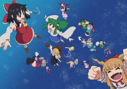  6+girls absurdres alice_margatroid animal_on_head animal_on_lap aoiueo apron ascot bat_wings bird bird_on_head black_bird black_bow black_bowtie black_cat black_eyes black_hair black_hairband black_hat black_skirt black_vest blonde_hair blue_dress blue_hat blue_kimono blue_shirt blue_skirt bow bowtie braid broom brown_horns brown_shoes buttons capelet cat cat_on_lap collared_shirt commentary_request crescent crescent_hat_ornament cross cross_print demon_wings detached_sleeves diamond_button disembodied_eye disembodied_linked_eye dress eyeball flying food frilled_bow frilled_kimono frilled_skirt frills frog_hair_ornament fujiwara_no_mokou gohei green_bow green_eyes green_hair green_skirt green_vest grey_hair hair_bow hair_ornament hairband hakurei_reimu hat hat_bow hat_ornament hat_ribbon head_wings heart heart_button heart_hair_ornament highres hitodama holding holding_broom holding_gohei horns houraisan_kaguya ibuki_suika izayoi_sakuya japanese_clothes kaenbyou_rin kaenbyou_rin_(cat) kimono kirisame_marisa koakuma kochiya_sanae komeiji_koishi komeiji_satori konpaku_youmu konpaku_youmu_(ghost) lifting_person loafers long_hair long_sleeves missing_headwear mob_cap multiple_girls necktie nurse_cap ofuda ofuda_on_clothes on_head on_lap oni onigiri onozuka_komachi outstretched_arms pants patchouli_knowledge pinafore_dress pink_dress pink_hair pink_hat pink_sash pink_shirt pink_skirt print_hat puffy_short_sleeves puffy_sleeves purple_hair reaching red_bow red_bowtie red_cross red_dress red_eyes red_hair red_hairband red_necktie red_pants red_skirt reiuji_utsuho reiuji_utsuho_(bird) remilia_scarlet ribbon ribbon-trimmed_sleeves ribbon_trim saigyouji_yuyuko sash scythe shirt shoes short_sleeves side_braid single_braid skirt skirt_set sleeveless sleeveless_dress sleeveless_shirt socks spread_arms suspenders touhou triangular_headpiece twin_braids two-tone_dress very_long_hair vest violet_eyes waist_apron waist_sash white_apron white_bow white_bowtie white_capelet white_shirt white_socks white_wrist_cuffs wide_sleeves wings wrist_cuffs yagokoro_eirin yellow_ascot yellow_bow yellow_shirt 