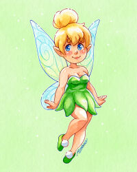  1girl bare_shoulders blonde_hair blue_eyes breasts dress fairy fairy_wings green_dress hair_bun looking_at_viewer mini_person minigirl mystar21 pointy_ears short_hair single_hair_bun smile solo strapless strapless_dress tinker_bell_(disney) walt_disney's_peter_pan wings 
