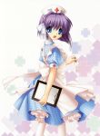  clannad clipboard dress fujibayashi_ryou hair_ribbon hinoue_itaru nurse purple_hair ribbon short_hair thermometer 