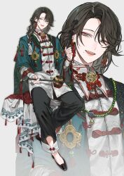  1boy :d absurdres aqua_jacket bead_bracelet bead_necklace beads black_hair black_nails black_pants black_shoes bow_(music) bracelet braid call_of_cthulhu chinese_clothes clothing_cutout cropped_jacket curtained_hair daimaou_ruaeru earrings erhu eyeshadow fangs flats full_body gem glint green_eyes green_gem green_streaks hair_over_shoulder hair_ribbon highres holding holding_bow_(music) holding_instrument instrument invisible_chair jacket jewelry lapels long_hair long_sleeves looking_at_viewer makeup male_focus mole mole_on_neck mole_under_mouth multicolored_hair nail_polish neck_tassel necklace open_clothes open_jacket pants red_eyeshadow ribbon ribbon_in_braid shawl_lapels shirt shoes shou_tatsu_no_utage simple_background single_braid sitting smile solo streaked_hair swept_bangs tangzhuang tassel tassel_earrings untucked_shirt white_background white_ribbon white_shirt wide_sleeves zoom_layer 