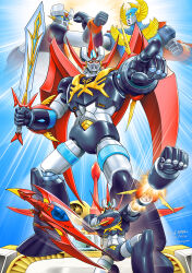  absurdres aircraft airplane arm_blade atlanger clenched_hand commentary_request commission crossover dated eye_contact fusion gattai_robo_atlanger head_wings highres holding holding_sword holding_weapon horns legs_apart locked_arms looking_ahead looking_at_another mazinger_(series) mazinger_z mazinger_z_(mecha) mecha mecha_focus mechanical_wings misogram multiple_views no_humans on_one_knee original outstretched_arm pointing red_horns red_wings robot rocket_punch signature skeb_commission standing super_robot sword weapon wings yellow_eyes yellow_wings 
