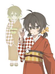  1girl ahoge asymmetrical_clothes black_hair black_sandals board_game checkered_clothes checkered_kimono full_body hair_between_eyes hair_bobbles hair_ornament highres holding_shogi_piece japanese_clothes kaai_yuki kimono low_twintails multiple_views myang_(_0_0_o_o_) obi obiage obijime okobo platform_sandals rabbit_ornament red_kimono sandals sash shogi short_twintails simple_background socks sweat tabi twintails vocaloid white_background white_socks yellow_eyes zoom_layer 