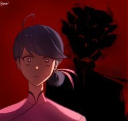  2girls ahoge blue_hair chinese_clothes chrysalis_(miraculous_ladybug) commentary english_commentary hair_bun hair_ribbon highres lila_rossi linart mandarin_collar marinette_dupain-cheng menacing miraculous_ladybug multiple_girls official_alternate_costume pink_ribbon red_background ribbon signature silhouette single_side_bun sweat wide-eyed 
