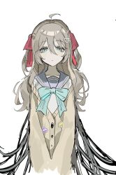  1girl ahoge aqua_bow aqua_bowtie badge biming blue_eyes blue_sailor_collar bow bowtie brown_hair button_badge cable cardigan closed_mouth commentary cropped_torso hair_ornament hair_ribbon heart heart_hair_ornament highres long_hair long_sleeves neuro-sama neuro-sama_(1st_costume) red_ribbon ribbon sailor_collar solo two_side_up untranslatable_commentary upper_body vedal_ai virtual_youtuber yellow_cardigan 