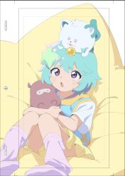  1girl :3 animal_nose animation_paper anime_coloring aqua_hair blue_jacket commentary_request hair_ornament highres holding holding_stuffed_toy hood hood_down hooded_jacket jacket knees_together_feet_apart leg_warmers light_blush looking_up mahou_no_shimai_lulutto_lilly mask mask_on_head miniskirt multicolored_jacket nonoyama_fuu open_mouth papiyon1297 pink_leg_warmers pointy_ears pokemon_(creature) shirt short_hair short_sleeves sitting sitting_on_pillow skirt star-shaped_pillow star_(symbol) star_hair_ornament stuffed_animal stuffed_toy t-shirt two-tone_jacket uguisu_(mahou_no_shimai_lulutto_lilly) white_shirt yellow_jacket yellow_skirt 