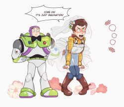  2boys animification belt blush bridal_veil brown_hair buzz_lightyear crossdressing long_sleeves male_focus multiple_boys nhbzzdy open_mouth pants sheriff_woody shirt short_hair simple_background smile spacesuit toy_story veil white_background 