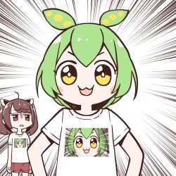  2girls :3 ahoge animal_ears blunt_bangs blush_stickers brown_hair channeru_toroku_yoroshiku_onegaishimasu_(voiceroid) cowboy_shot edamame emphasis_lines frown furrowed_brow green_hair gyari_(imagesdawn) headgear highres knees_out_of_frame looking_at_another looking_at_viewer multiple_girls open_mouth red_eyes shirt short_hair shorts simple_background smile standing t-shirt touhoku_kiritan v-shaped_eyebrows voiceroid voicevox white_background white_shirt yellow_eyes zundamon 