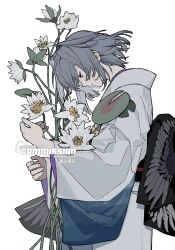  1girl bouquet bud closed_mouth commission cowboy_shot expressionless eyelashes fingernails flower grey_hair highres holding holding_bouquet holding_flower japanese_clothes kimono leaf lily_pad long_sleeves looking_down mihuashi_commission obi original profile rokkatera sash simple_background solo two-sided_fabric violet_eyes water_lily_flower watermark white_background white_flower wide_sleeves 
