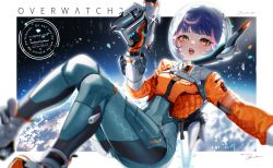  1girl absurdres artist_name blue_hair bodysuit earth_(planet) english_text floating gloves green_bodysuit gun hand_up helmet highres holding holding_gun holding_weapon jacket juno_(overwatch) multicolored_hair nitrochang orange_gloves orange_jacket outstretched_arm overwatch pink_streaks planet shoes short_hair solo space spacesuit streaked_hair teeth tongue watermark weapon white_shoes 