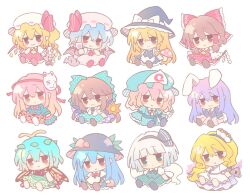  6+girls :3 animal_ears antennae apron aqua_hair arm_cannon ascot bat_wings bird_wings black_bow black_bowtie black_hairband black_hat black_jacket black_skirt black_vest black_wings blazer blonde_hair blue_hair blue_hat blue_kimono blue_skirt blush bow bowtie braid brown_eyes brown_hair bubble_skirt butterfly_wings chest_eye chibi chibi_only clam_shell closed_mouth collared_dress collared_shirt commentary crystal crystal_wings cup dango detached_sleeves dress drinking_glass eternity_larva fairy flandre_scarlet food fox_mask frilled_bow frilled_hair_tubes frills fruit_hat_ornament gohei green_bow green_dress green_eyes green_skirt green_vest grey_hair hair_bow hair_ornament hair_tubes hairband hakurei_reimu hat hat_bow hat_ornament hata_no_kokoro hinanawi_tenshi hitodama holding holding_cup holding_gohei insect_wings jacket japanese_clothes kimono kirisame_marisa konpaku_youmu konpaku_youmu_(ghost) leaf leaf_hat_ornament leaf_on_head long_hair long_sleeves looking_at_viewer mask mask_on_head mob_cap multicolored_dress multicolored_wings multiple_girls mushroom neck_ribbon necktie one_side_up orange_skirt peach_hat_ornament pinafore_dress pink_dress pink_eyes pink_hair pink_hat pink_skirt plaid_clothes plaid_shirt pleated_skirt pointy_ears polka_dot polka_dot_skirt puffy_short_sleeves puffy_sleeves purple_hair rabbit_ears rabbit_girl rabbit_tail red_ascot red_bow red_bowtie red_dress red_eyes red_necktie red_skirt reisen_udongein_inaba reiuji_utsuho remilia_scarlet ribbon ribbon-trimmed_sleeves ribbon_trim saigyouji_yuyuko sanshoku_dango shell shell_hair_ornament shirt short_sleeves side_braid silverrain simple_background single_braid sitting skewer skirt skirt_cutout skirt_set sleeve_garter sleeveless sleeveless_dress smile stuffed_animal stuffed_toy stuffing tail teddy_bear third_eye touhou triangular_headpiece very_long_hair vest wagashi waist_apron watari_nina weapon white_apron white_background white_bow white_hat white_shirt wide_sleeves wings witch_hat yellow_ascot yellow_wings 