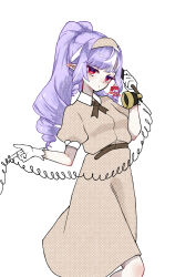  1girl ahoge alternate_costume alternate_hairstyle belt blush brown_belt brown_dress closed_mouth corded_phone cowboy_shot dress drill_hair gloves hairband high_ponytail highres janbopurin long_hair looking_at_viewer mole mole_under_eye multicolored_hair phone pointy_ears ponytail puffy_short_sleeves puffy_sleeves purple_hair red_eyes short_sleeves simple_background solo streaked_hair talking_on_phone vivian_banshee white_background white_gloves zenless_zone_zero 