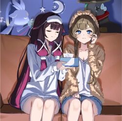  2girls alternate_costume animal_ears black_bow black_hair black_hat blue_eyes blue_shorts blush bow bow_hairband box bright_pupils brown_cardigan brown_hair brown_hairband brown_ribbon buttons cardigan closed_eyes closed_mouth collarbone colored_inner_hair columbina_(genshin_impact) couch creature crescent crying crying_with_eyes_open cup drinking embarrassed eye_mask feet_out_of_frame genshin_impact gradient_hair hair_bow hair_ornament hair_ribbon hairband hands_on_own_face hands_up hat holding holding_box holding_cup hood hoodie indoors kritxeno kuuhenki_(genshin_impact) long_hair long_sleeves looking_at_viewer mask mask_on_head multicolored_hair multiple_girls musical_note on_couch open_cardigan open_clothes pink_hair pom_pom_(clothes) pom_pom_hair_ornament puffy_long_sleeves puffy_sleeves pulonia_(genshin_impact) ribbon robot sad sandrone_(genshin_impact) shadow shirt short_hair_with_long_locks shorts sidelocks sitting smile star_(symbol) sweatdrop t-shirt tears tissue tissue_box two-tone_hair v-shaped_eyebrows very_long_hair wavy_hair white_hoodie white_mask white_pupils white_ribbon white_shirt x_hair_ornament 