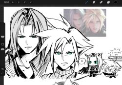  2boys animal_ears aqua_eyes art_program_in_frame black_coat buster_sword cat_boy cat_ears cat_tail chibi clenched_teeth cloud_strife coat commentary final_fantasy final_fantasy_vii final_fantasy_vii_remake furrowed_brow game_screenshot_inset grey_hair hair_between_eyes highres holding holding_sword holding_weapon iwfy1_5 kemonomimi_mode korean_text long_hair male_focus multiple_boys parted_bangs parted_lips reference_inset ribbed_shirt screenshot_inset sephiroth shirt short_hair shouting single_wing sleeveless sleeveless_turtleneck spiky_hair sword tail teeth turtleneck weapon white_background white_hair wide-eyed wings 