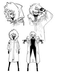  1girl bags_under_eyes coat double_gyaru_v double_v genderswap genderswap_(mtf) gloves gyaru_v highres hood hoodie looking_at_viewer messy_hair monochrome open_clothes open_coat pastis_(player) player_(webtoon) shaded_face short_hair simple_background sleeveless ssambatea teeth tomboy v 