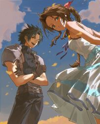  1boy 1girl aerith_gainsborough armor bare_arms bare_shoulders belt blue_pants blue_shirt blue_sky bow braid braided_ponytail breasts brown_belt brown_gloves brown_hair byo_rk cowboy_shot crisis_core:_final_fantasy_vii crossed_arms dress dress_bow dress_flower falling_petals final_fantasy final_fantasy_vii flower from_below gloves green_eyes hair_ribbon highres long_hair medium_breasts multiple_belts official_alternate_costume one_eye_closed open_mouth pants parted_bangs parted_lips pauldrons petals pink_ribbon ribbed_shirt ribbon shirt short_hair shoulder_armor single_braid sky sleeveless sleeveless_dress sleeveless_turtleneck smile striped_clothes striped_dress sundress suspenders thumbs_up turtleneck yellow_petals zack_fair 
