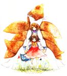  :o absurdres animal_ears aone cat_ears chen fox_tail hat highres holding multiple_girls multiple_tails no_hat no_headwear open_mouth smile tail touhou traditional_media watercolor_(medium) yakumo_ran 