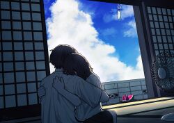  1boy 1girl absurdres architecture black_hair blue_sky brown_hair clouds collared_shirt commentary_request day east_asian_architecture electric_fan food fruit head_on_another's_shoulder highres hug indoors on_floor original roa_(kuroha_roa) shirt short_hair short_sleeves shouji sky sliding_doors summer tatami watermelon watermelon_slice white_shirt wind_chime 