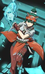  1girl absurdres btddz facial_mark fingerless_gloves fox fox_mask gloves green_eyes green_hair half_mask highres holding holding_kunai holding_weapon japanese_clothes kimono kiriko_(overwatch) kitsune kunai looking_at_viewer mask mask_on_head ninja ofuda overwatch ponytail red_gloves rope_belt running short_hair sleeves_rolled_up topknot weapon white_kimono 