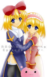  2000s_(style) 2girls :3 acolyte_(ragnarok_online) black_thighhighs blonde_hair blue_dress blue_eyes blush bow brown_shirt capelet closed_mouth commentary_request copyright_name cover cover_page cowboy_shot cross cross_necklace doujin_cover dress frilled_hairband frills garter_straps hair_bow hairband jewelry juliet_sleeves kasumi_nanase_(kasumi7se) long_sleeves looking_at_viewer medium_hair multiple_girls necklace pink_hairband poring priest_(ragnarok_online) puffy_sleeves ragnarok_online red_bow shirt side_slit simple_background skirt slime_(creature) smile thigh-highs white_background white_capelet white_skirt 