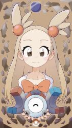  1girl absurdres afuron blonde_hair bow brown_background brown_eyes closed_mouth commentary_request eyelashes hair_ornament highres holding holding_pokemon jacket jasmine_(pokemon) long_hair looking_at_viewer magnemite orange_bow pokemon pokemon_(creature) pokemon_heartgold_and_soulsilver rock smile two_side_up white_jacket 