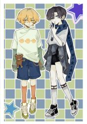  2boys alternate_costume black_hair black_shorts blonde_hair blue_eyes blue_scarf blue_shorts closed_mouth clothes_around_waist commentary curtained_hair demian_(project_moon) full_body green_shirt grey_shirt hand_up highres holding holding_stuffed_toy jacket jacket_around_waist kneehighs layered_sleeves limbus_company long_scarf long_sleeves looking_at_viewer male_focus multiple_boys official_alternate_costume orange_socks print_shirt project_moon scarf shirt shoes short_hair short_over_long_sleeves short_sleeves shorts side-by-side sinclair_(project_moon) sneakers socks star_(symbol) stuffed_animal stuffed_toy untranslatable_commentary urrrrrriel yellow_eyes 