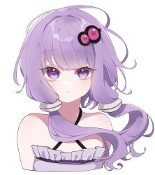 1girl aomidori_(em_em37) bare_shoulders breasts criss-cross_halter dress expressionless halterneck highres looking_at_viewer portrait purple_dress purple_hair short_hair_with_long_locks simple_background small_breasts violet_eyes vocaloid voiceroid white_background yuzuki_yukari 