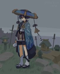  1boy asymmetrical_sleeves beads black_eyes black_hair black_kimono black_sandals black_shorts black_sleeves blue_hat blue_jingasa blue_kimono blue_sleeves blunt_ends choppy_bangs closed_mouth dated empty_eyes eyeliner full_body genshin_impact gold grass hat highres japanese_clothes jingasa katana kesa kimono looking_at_viewer makeup male_focus mismatched_sleeves official_alternate_costume overcast planted planted_sword prayer_beads prototype_design red_eyeliner sandals scaramouche_(genshin_impact) shorts shrine sky socks solo standing sword tabi umigasa wanderer_(genshin_impact) weapon white_socks wolf_cut zouri 