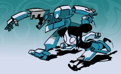  1girl analogous_colors aqua_armor aqua_theme armor baggy_shorts black_hair black_shirt black_shoes blank_eyes cool_colors dynamic_pose edith_(teknodice) fingerless_gloves full_body gloves gradient_background hair_bun highres humanoid_robot limited_palette oekaki original pentel_(teknodice) pink_gloves robot running shadow shirt shoes short_hair solid_eyes teknodice 
