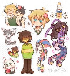  1other 2girls 5boys :p absurdres androgynous animal_ears antenna_hair artist_name basil_(faraway)_(omori) basil_(omori) black_eyes black_hair blonde_hair blue_eyes blush brown_hair brown_pants brown_shoes closed_eyes closed_mouth clown collared_shirt colored_sclera colored_skin colored_teeth commentary deltarune double-parted_bangs flower furry furry_male glasses green-framed_eyewear green_sweater green_sweater_vest grin hair_between_eyes hair_flower hair_ornament happy_birthday hat highres horns invisible_floor jax_(female)_(the_amazing_digital_circus) jax_(the_amazing_digital_circus) jester_cap kaufmo_(the_amazing_digital_circus) kris_(deltarune) long_sleeves looking_at_viewer multiple_boys multiple_girls no_eyes omori omori_(omori) open_mouth pants pink_scarf pomni_(the_amazing_digital_circus) ralsei red_eyes red_soul_(utdr) round_eyewear scarf shaded_face shirt shoes short_sleeves sidelocks sitting smile soul_(utdr) standing sunny_(omori) sweater sweater_vest thatbirdcanfly the_amazing_digital_circus tongue tongue_out twitter_username untranslatable_commentary utdr_(toby_fox) white_shirt white_skin yellow_sclera yellow_skin yellow_teeth 