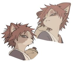  1boy animal_ears animal_nose brown_fur closed_mouth commentary_request furrification furry furry_male gaara_(naruto) gourd korean_commentary male_focus multiple_views narrowed_eyes naruto_(classic) naruto_(series) no_eyebrows raccoon_boy raccoon_ears red_hair sash sasukete_ninja scar scar_on_face scar_on_forehead short_hair solo spiky_hair upper_body white_background white_sash 