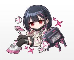  1girl bag black_hair black_survival black_thighhighs blush brown_cardigan cardigan cellphone chibi closed_mouth collared_shirt commentary ear_piercing eternal_return:_black_survival full_body gradient_background grey_background grey_skirt highres marlene_(black_survival) mask mask_pull mouth_mask multicolored_hair necktie phone phone_with_ears piercing pink_hair pink_necktie plaid_clothes plaid_skirt platform_shoes pleated_skirt red_eyes school_uniform shirt shoes skirt solo streaked_hair thigh-highs two-tone_hair white_background white_shirt white_shoes yeongpluma 