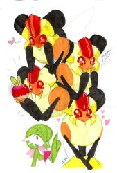  1other 2girls absurdres applin artist_name blush bob_cut bug colored_skin gardevoir green_hair green_skin hair_over_one_eye heart highres insect_wings multicolored_skin multiple_girls multiple_views pink_scarf pokemon pokemon_(creature) red_eyes scarf signature simple_background superiordutchsauce two-tone_skin vespiquen white_background white_skin wings 