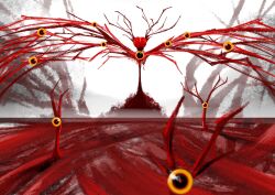  brain commentary english_commentary extra_eyes eyeball highres horror_(theme) library_of_ruina looking_at_viewer monster monster_focus no_humans project_moon the_burrowing_heaven travellingent tree white_background 