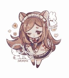  1girl animal_ears apron artist_name black_dress black_shoes bow bowing bowtie brown_eyes brown_hair closed_mouth collared_dress commission dog dress food frilled_apron frills ghost light_blush long_hair long_sleeves maid maid_apron maid_headdress naiguozi no_pupils one_eye_closed orange_bow orange_bowtie original own_hands_together popcorn rabbit sample_watermark shoes short_eyebrows squirrel_ears thick_eyebrows very_long_hair watermark white_apron white_headdress 