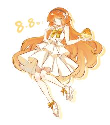  1girl absurdres animalization ankle_ribbon bare_arms blush bow bowtie cake dated dress floating food frilled_dress frills full_body green_eyes hair_bow hairband highres holding holding_plate ishmael_(project_moon) layered_dress leg_ribbon limbus_company long_hair looking_at_viewer official_alternate_costume orange_hair person_and_animalization plate platform_sandals project_moon ribbon sandals sidelocks silvercat2337 simple_background sleeveless sleeveless_dress solo very_long_hair white_background white_bow white_dress white_sandals yellow_bow yellow_bowtie 