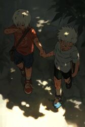  2boys aged_down arm_up bag black_bag black_shorts blue_shoes blue_shorts book brothers bruise child crying dante_(devil_may_cry) devil_may_cry_(series) dirty dirty_face grey_shirt highres holding holding_book holding_hands injury leaf looking_to_the_side male_focus multiple_boys outdoors outstretched_arm plant print_shirt red_shirt red_shoes shirt shoelaces shoes short_hair short_sleeves shorts shoulder_bag siblings sideways_glance sneakers striped_clothes striped_shirt t-shirt tears twins utopia_87115256 vergil_(devil_may_cry) white_hair wiping_mouth 