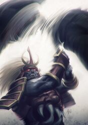  1boy armor bishamon_(darkstalkers) black_skin capcom colored_skin commentary darkstalkers english_commentary glowing glowing_eyes helmet japanese_armor kabuto_(helmet) katana logo male_focus red_eyes signature solo stanley_lau sword valentine weapon 